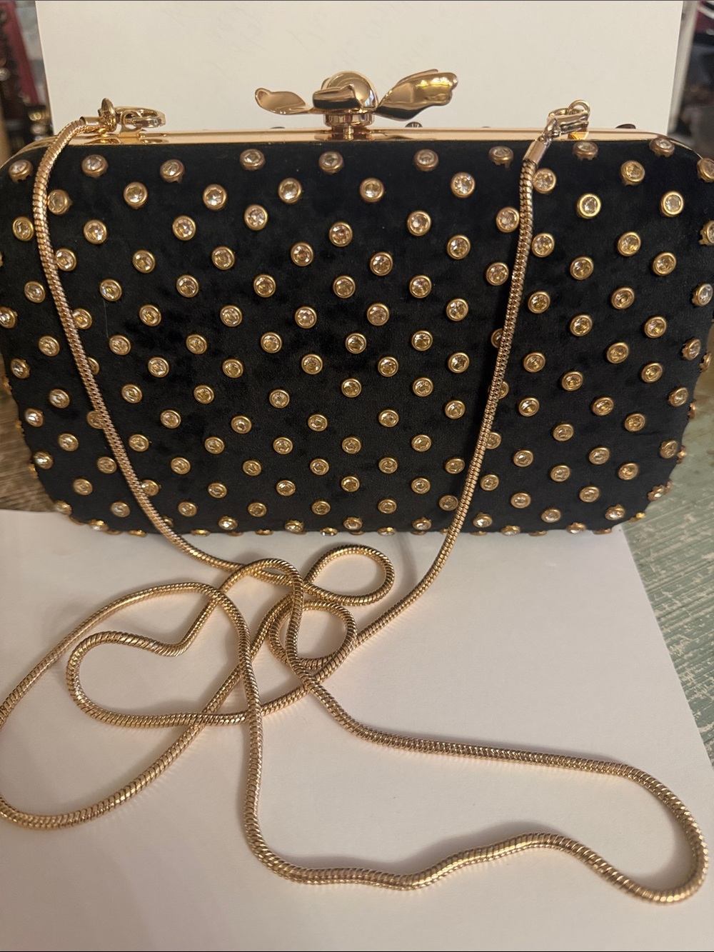 Black Velvet minaudière with crystals Evening Clutch flower top, NWOT gorgeous!